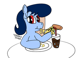 Size: 1024x768 | Tagged: safe, artist:xwoofyhoundx, oc, oc only, oc:nurse berry, chair, cheese, cup, pizza, plate, soda, table