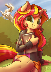 Size: 2480x3507 | Tagged: safe, artist:light262, sunset shimmer, unicorn, anthro, equestria girls, g4, atryl-ish, book, clothes, cute, erect nipples, female, grass, happy, high res, journey book, looking at you, nipple outline, shimmerbetes, skirt, sky, smiling, solo
