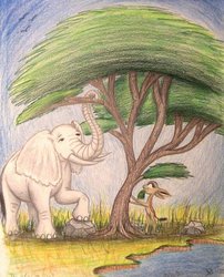 Size: 803x995 | Tagged: safe, artist:thefriendlyelephant, oc, oc only, oc:nuk, oc:obi, antelope, elephant, gerenuk, acacia tree, africa, animal in mlp form, big ears, duo, elephant trunk, grass, rock, traditional art, tree, waterhole