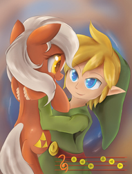 Size: 1950x2550 | Tagged: safe, artist:ardail, earth pony, pony, crossover, cute, epona, epona's song, eponadorable, eye contact, female, happy, holding a pony, link, male, mare, open mouth, ponified, sheet music, smiling, the legend of zelda, toon link, triforce