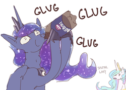 Size: 1280x918 | Tagged: safe, artist:nobody, princess celestia, princess luna, g4, bebsi, chug chug chug chug, chugging, drinking, questionable source, soda, swallowing, throat bulge, why