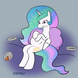 Size: 1000x1000 | Tagged: safe, artist:empyu, princess celestia, g4, 30 minute art challenge, aftermath, belly, chubby, female, full, pi day, pie, solo