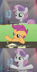 Size: 532x1024 | Tagged: safe, scootaloo, sweetie belle, bloom & gloom, g4, bad sweetie belle joke, maths joke, microphone, notepad, pencil