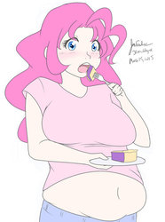 Size: 600x807 | Tagged: safe, artist:jonfawkes, pinkie pie, human, g4, 30 minute art challenge, belly button, breasts, busty pinkie pie, chubby, eating, fat, female, humanized, looking at you, midriff, muffin top, pi day, pie, pudgy pie