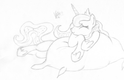 Size: 6568x4290 | Tagged: safe, artist:korashy, princess luna, g4, absurd resolution, female, monochrome, pillow, solo