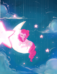 Size: 1280x1679 | Tagged: dead source, safe, artist:beaty, pinkie pie, earth pony, pony, g4, eyes closed, female, moon, solo, stars, tangible heavenly object