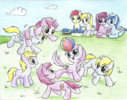 Size: 1024x805 | Tagged: safe, artist:islamilenaria, berry punch, berryshine, care package, chirpy hooves, coronet, derpy hooves, dinky hooves, dipsy hooves, minuette, piña colada, ruby pinch, special delivery, earth pony, pegasus, pony, unicorn, g4, ball, female, field, filly, foal, male, mare, piña cutelada, playing, stallion, traditional art