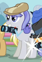 Size: 398x582 | Tagged: safe, screencap, long shot, midnight fun, press pass, press release (g4), regal candent, snappy scoop, earth pony, pony, g4, camera, female, female focus, hat, smiling, solo focus