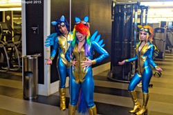 Size: 5183x3456 | Tagged: dead source, safe, artist:cosplayhazard, artist:supersandcosplay, rainbow dash, soarin', spitfire, human, g4, boots, clothes, cosplay, fake ears, fake wings, female, goggles, high heel boots, irl, irl human, katsucon, male, photo, shoes, trio, uniform, wonderbolts, wonderbolts uniform