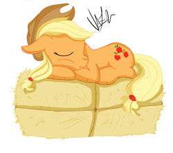 Size: 3707x3278 | Tagged: safe, artist:korashy, applejack, g4, female, hay bale, high res, sleeping, solo