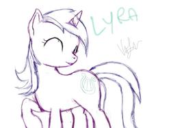 Size: 960x720 | Tagged: safe, artist:korashy, lyra heartstrings, pony, unicorn, g4, female, simple background, sketch, solo, text