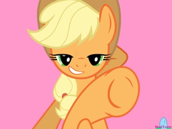 Size: 2222x1667 | Tagged: safe, artist:hooftastic, applejack, earth pony, pony, g4, cowboy hat, female, hat, hoof fetish, kicks mcgee, mare, misleading thumbnail, not what it looks like, pink background, show accurate, simple background, solo, underhoof