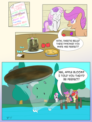 Size: 1800x2400 | Tagged: safe, artist:halflingpony, apple bloom, scootaloo, sweetie belle, g4, comic, cutie mark crusaders, fail, lake, pancakes, skipping stones, sweetie belle can't cook, sweetie fail