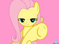 Size: 2222x1667 | Tagged: safe, artist:hooftastic, fluttershy, pegasus, pony, g4, female, hoof fetish, mare, pink background, show accurate, simple background, solo, underhoof