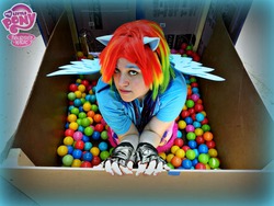 Size: 960x720 | Tagged: safe, artist:kuroknightc2, rainbow dash, human, g4, ball pit, box, cosplay, dashcon, irl, irl human, photo