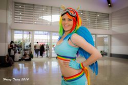 Size: 1024x683 | Tagged: safe, artist:babygirlfallenangel, rainbow dash, human, g4, belly button, clothes, cosplay, irl, irl human, midriff, photo, skirt, sports bra