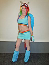 Size: 630x839 | Tagged: safe, artist:babygirlfallenangel, rainbow dash, human, g4, belly button, clothes, cosplay, irl, irl human, midriff, photo, skirt, sports bra