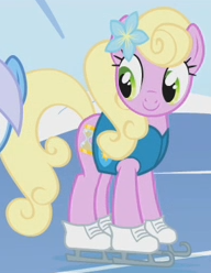 Size: 192x248 | Tagged: safe, screencap, spring forward, earth pony, pony, g4, winter wrap up, background pony, clothes, cropped, female, flower, flower in hair, ice skates, mare, solo focus, vest, weather team, winter wrap up vest