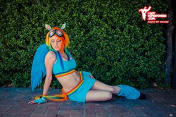 Size: 1024x678 | Tagged: safe, artist:babygirlfallenangel, rainbow dash, human, g4, belly button, clothes, cosplay, irl, irl human, midriff, photo, skirt, sports bra