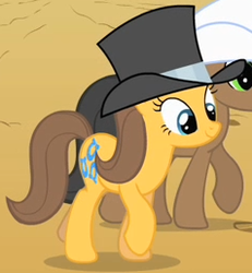 Size: 238x258 | Tagged: safe, screencap, black stone, toffee, earth pony, pony, g4, over a barrel, cropped, female, hat, mare, raised hoof, smiling, solo focus, top hat, walking