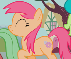 Size: 869x720 | Tagged: safe, screencap, cinnamon swirl, green jewel, tropical spring, earth pony, pony, a friend in deed, g4, amused, background pony, smile song, smiling, solo