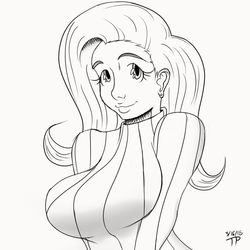 Size: 1000x1000 | Tagged: safe, artist:thethunderpony, fluttershy, human, g4, big breasts, breasts, busty fluttershy, clothes, female, huge breasts, humanized, monochrome, smiling, solo, sweater, sweatershy