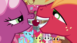Size: 1280x720 | Tagged: safe, screencap, apple bloom, big macintosh, cheerilee, cup cake, scootaloo, sweetie belle, earth pony, pegasus, pony, unicorn, g4, hearts and hooves day (episode), cherry, cutie mark crusaders, hearts and hooves day, male, ship:cheerimac, shipping, stallion, straight, wingboner, you know for kids