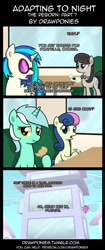 Size: 580x1378 | Tagged: safe, artist:drawponies, artist:terminuslucis, bon bon, dj pon-3, lyra heartstrings, octavia melody, sweetie drops, vinyl scratch, oc, earth pony, pegasus, pony, undead, unicorn, vampire, vampony, comic:adapting to night, comic:adapting to night: the reborn, g4, cafe, chocolate, comic, eating, food, hot chocolate, implied berry punch, implied hoity toity, implied ruby pinch, marshmallow, muffin, mug, skyscraper, window cleaner