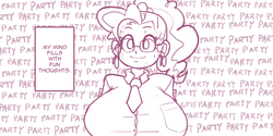 Size: 1200x600 | Tagged: safe, artist:moronsonofboron, pinkie pie, human, g4, big breasts, breasts, busty pinkie pie, female, glasses, huge breasts, humanized, looking at you, monochrome, party, smiling, solo, sweat, wide eyes