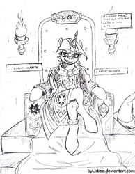 Size: 787x1014 | Tagged: safe, artist:bylisboa, twilight sparkle, comic:equestria divided, equestria divided, g4, evil, evil grin, grin, house moon and star, monochrome, throne