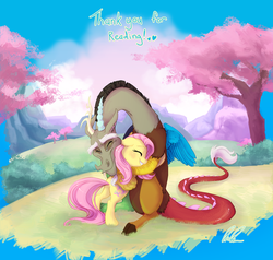 Size: 1152x1098 | Tagged: safe, artist:c-puff, discord, fluttershy, draconequus, pegasus, pony, g4, blushing, bush, butt, cherry blossoms, cloud, crying, cute, discute, eyes closed, female, flutterbutt, happy, heart, heartwarming, hug, male, mare, mountain, plot, ship:discoshy, shipping, shyabetes, sitting, smiling, standing, straight, sweet dreams fuel, tears of joy, text, tree, wholesome