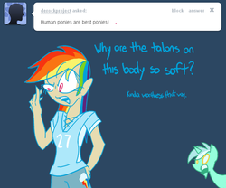 Size: 650x540 | Tagged: safe, artist:frostedwarlock, lyra heartstrings, rainbow dash, human, g4, ask, humanized, rainbow dash replies, tumblr