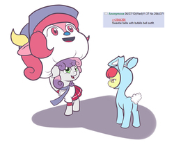 Size: 666x566 | Tagged: safe, apple bloom, sweetie belle, g4, 4chan, 4chan screencap, buffalo bell, bunny bloom, bunny costume, clothes, cute, floppy ears, frown, open mouth, outfit, school uniform, smiling, unamused