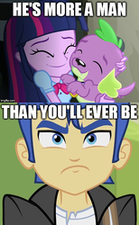 Size: 490x794 | Tagged: safe, edit, edited screencap, screencap, flash sentry, spike, twilight sparkle, dog, equestria girls, g4, my little pony equestria girls: rainbow rocks, angry, caption, female, hug, image macro, jealous, love triangle, male, meme, op is a duck, op is trying to start shit, ship:twispike, shipping, snuggling, spike the dog, spikelove, straight, text, twilight sparkle (alicorn)