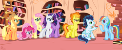 Size: 1024x422 | Tagged: safe, artist:ojos-color-bosque, applejack, fluttershy, pinkie pie, rainbow dash, rarity, soarin', spitfire, twilight sparkle, alicorn, pony, g4, backwards cutie mark, female, library, male, mane six, mare, marriage proposal, ring, ship:soarindash, shipping, story in the comments, straight, twilight sparkle (alicorn)