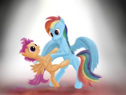 Size: 1024x768 | Tagged: safe, artist:kwendynew, rainbow dash, scootaloo, pony, g4, dancing, duo, scootalove