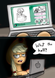 Size: 770x1100 | Tagged: safe, artist:adlaz, artist:nayolfa, applejack, monster pony, original species, pony, tatzlpony, g4, appul, computer, female, solo, tatzljack, unamused