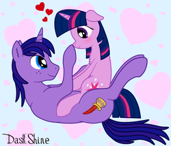 Size: 900x771 | Tagged: safe, artist:daskshine, twilight sparkle, oc, oc:dask shine, oc:twilight night-shine, g4, canon x oc, chest fluff, fluffy, heart, heart eyes, shipping, wingding eyes, young, younger