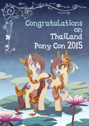 Size: 1000x1412 | Tagged: safe, artist:kolshica, oc, oc only, oc:mii, oc:siammy, pony, bipedal, bipedal leaning, duo, leaning, lilypad, looking at each other, nation ponies, ponified, thailand, thailand ponycon, thaiponycon, waterlily