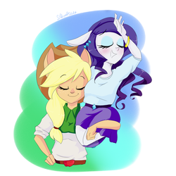 Size: 900x900 | Tagged: safe, artist:silbersternenlicht, applejack, rarity, equestria girls, g4, female, holding, lesbian, ponied up, pony ears, ship:rarijack, shipping