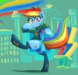 Size: 1680x1610 | Tagged: safe, artist:chrischin, rainbow dash, pegasus, pony, semi-anthro, g4, abstract background, bipedal, boots, clothes, female, mare, medals, rainbow, shoes, solo, uniform, walking