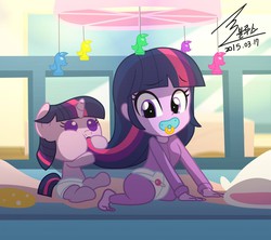 Size: 1100x977 | Tagged: safe, artist:bluse, twilight sparkle, human, pony, equestria girls, g4, baby, baby pony, babylight sparkle, crib, cute, diaper, female, filly, foal, horses doing horse things, human ponidox, mobile, nom, pacifier, show accurate, toddler, twiabetes, younger