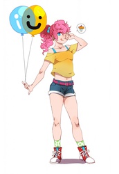 Size: 944x1372 | Tagged: safe, artist:aji8_, pinkie pie, human, g4, alternate hairstyle, balloon, belly button, clothes, converse, cupcake, daisy dukes, female, humanized, midriff, shirt, solo, tongue out