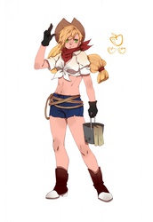 Size: 944x1372 | Tagged: safe, artist:aji8_, applejack, human, g4, belly button, bucket, clothes, daisy dukes, female, gloves, humanized, midriff, neckerchief, rope, shirt, solo