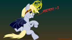 Size: 720x406 | Tagged: safe, artist:snapai, derpy hooves, pegasus, pony, g4, bat wings, belt, female, french horn, mare, musical instrument, solo