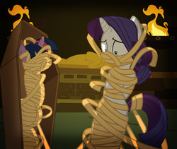Size: 800x674 | Tagged: safe, artist:radiantrealm, rarity, twilight sparkle, g4, bondage, coffin, female, fire, mummification, show accurate, tomb