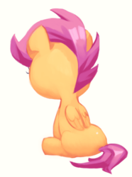 Size: 406x545 | Tagged: safe, artist:jirousan, scootaloo, g4, back, female, simple background, sitting, solo, turned away, white background