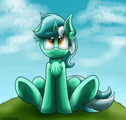 Size: 2200x2100 | Tagged: safe, artist:neoncel, lyra heartstrings, g4, chest fluff, cute, female, high res, sitting, smiling, solo, underhoof
