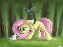 Size: 1600x1200 | Tagged: safe, artist:luminousdazzle, fluttershy, bird, pegasus, pony, rabbit, g4, cute, ear fluff, female, floppy ears, fluffy, forest, grass, open mouth, smiling, solo, tree
