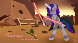 Size: 1024x576 | Tagged: safe, artist:virenth, oc, oc:quelanna cali, pony, unicorn, clothes, crossover, jar'kai, korriban, lightsaber, miraluka, sith, star wars, valley of the dark lords, wallpaper